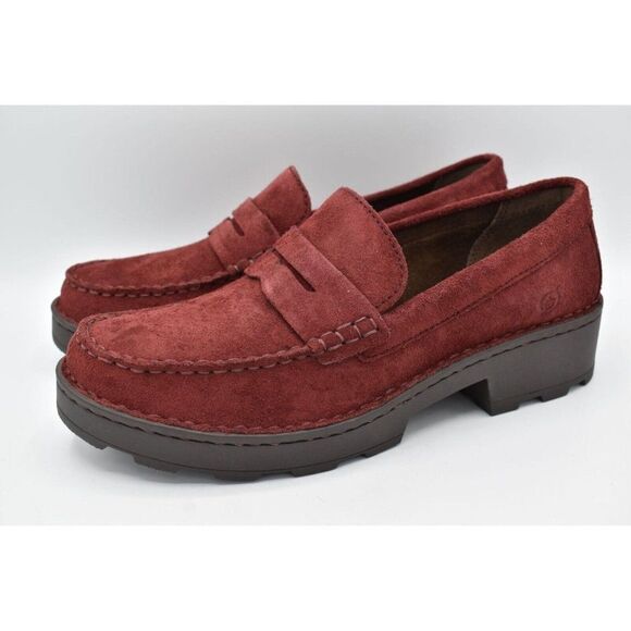 Born Womens Size 9.5 Carrera Lugged Sole Burgundy Suede Slip On Penny Loafers